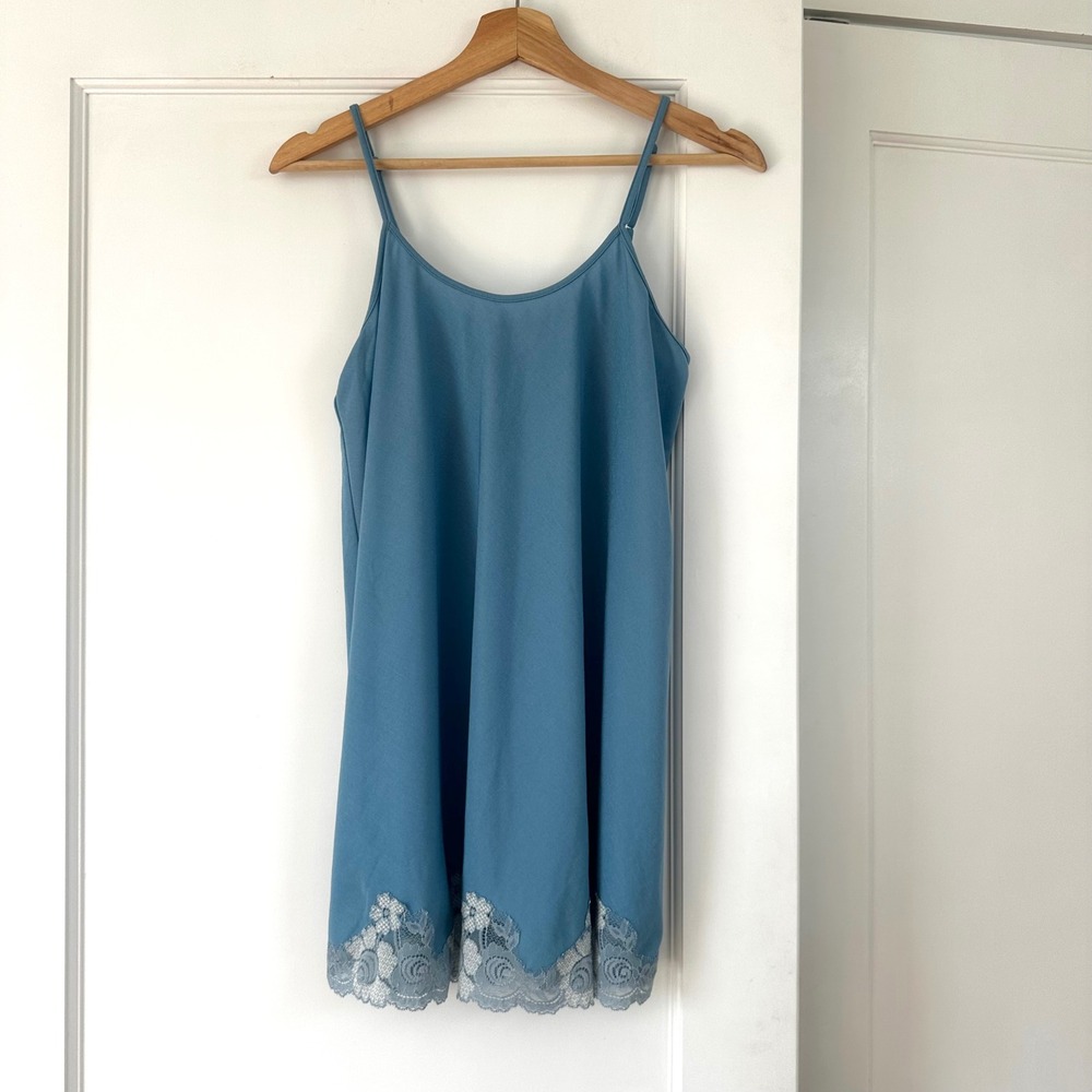 Delicates Vintage Blue Lace Trim Chemise Nightgown Adjustable Straps S Y2K 90s